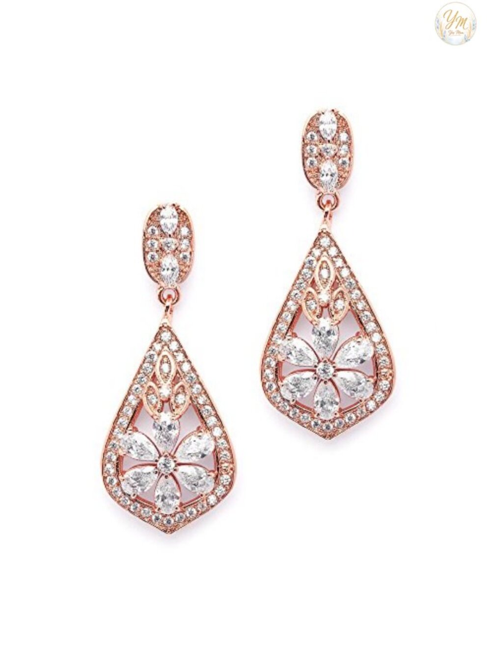 Art Deco Cubic Zirconia Pave Drop Dangle Earrings 14K Rose Gold Plated